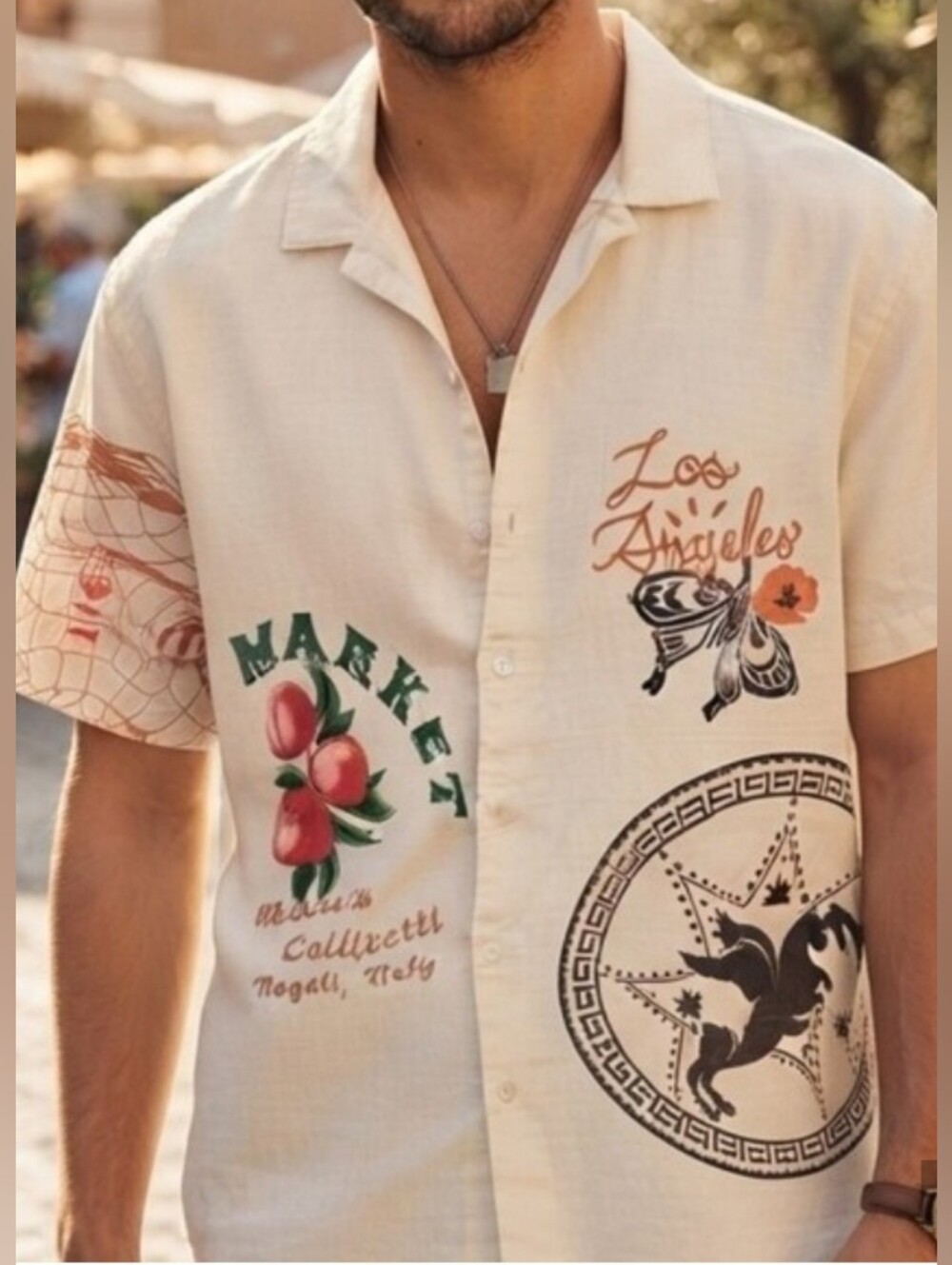 Forever 21 Cream Short-Sleeve Graphic Button-Down Shirt
